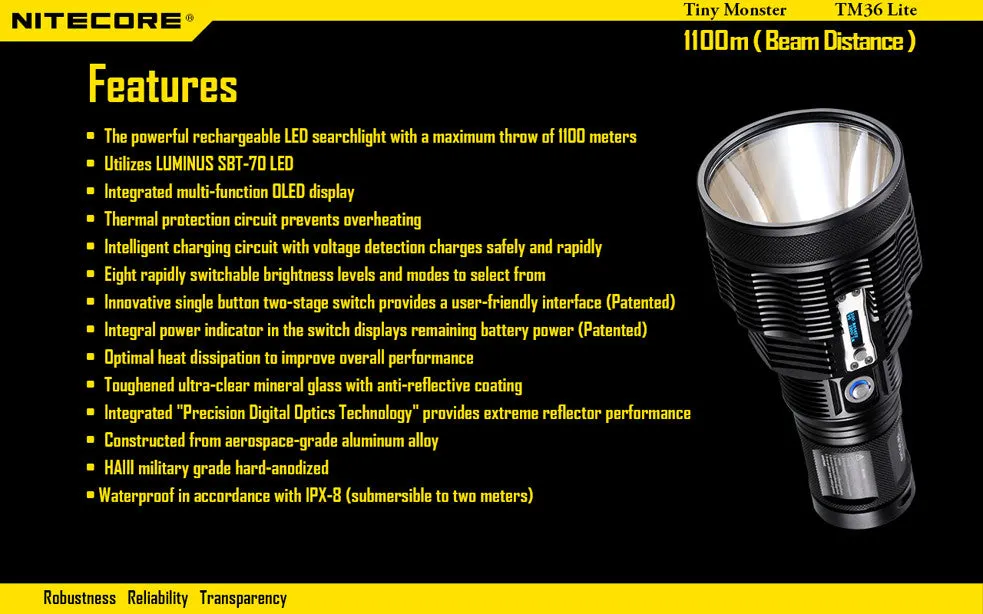 Nitecore TM36 Lite Luminus SBT-70 LED Rechargeable Flashlight