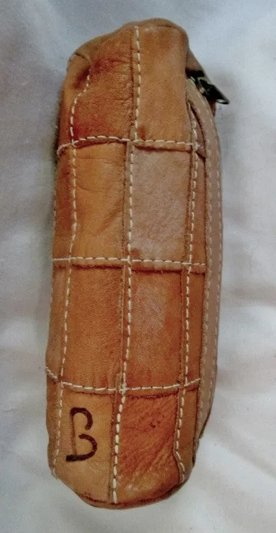 PATCHWORK LEATHER Boho Barrel Zip Pouch Bag Case Coin Purse COGNAC BROWN Hippy