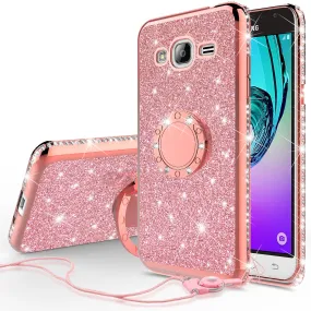 Samsung Galaxy J3,  Galaxy J3 V Case, Glitter Cute Phone Case Girls with Kickstand,Bling Diamond Rhinestone Bumper Ring Stand Sparkly Luxury Clear Thin Soft Protective Samsung Galaxy J3 Case for Girl Women - Rose Gold