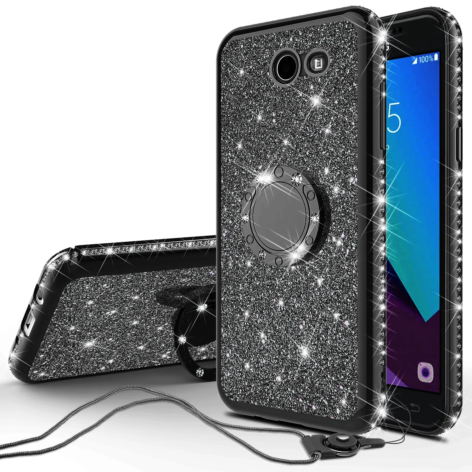 Samsung Galaxy J7 (2017) / J7 Sky Pro / J7 Perx / J7 V Case, Glitter Cute Phone Case Girls with Kickstand,Bling Diamond Rhinestone Bumper Ring Stand Sparkly Luxury Clear Thin Soft Protective Samsung Galaxy J7 (2017) Case for Girl Women - Black