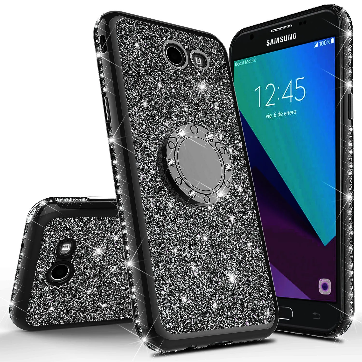 Samsung Galaxy J7 (2017) / J7 Sky Pro / J7 Perx / J7 V Case, Glitter Cute Phone Case Girls with Kickstand,Bling Diamond Rhinestone Bumper Ring Stand Sparkly Luxury Clear Thin Soft Protective Samsung Galaxy J7 (2017) Case for Girl Women - Black