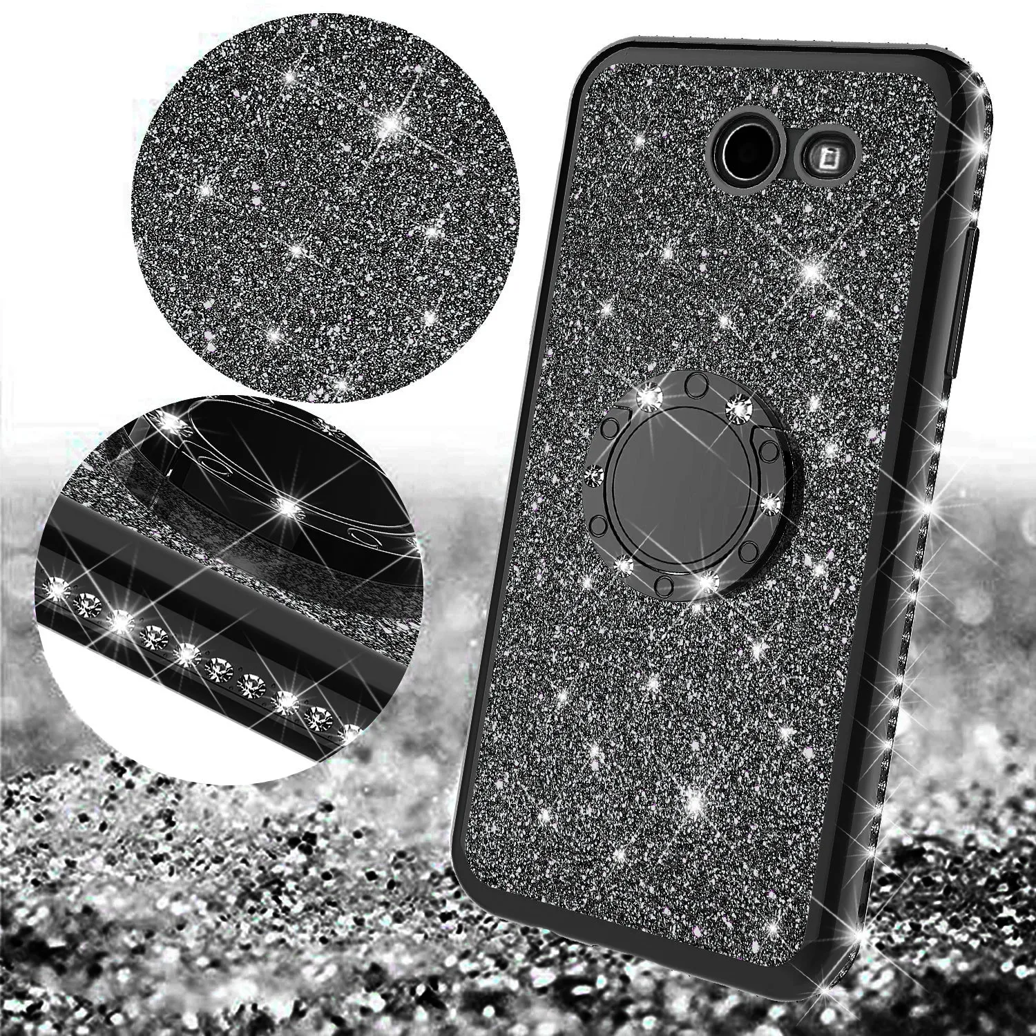 Samsung Galaxy J7 (2017) / J7 Sky Pro / J7 Perx / J7 V Case, Glitter Cute Phone Case Girls with Kickstand,Bling Diamond Rhinestone Bumper Ring Stand Sparkly Luxury Clear Thin Soft Protective Samsung Galaxy J7 (2017) Case for Girl Women - Black