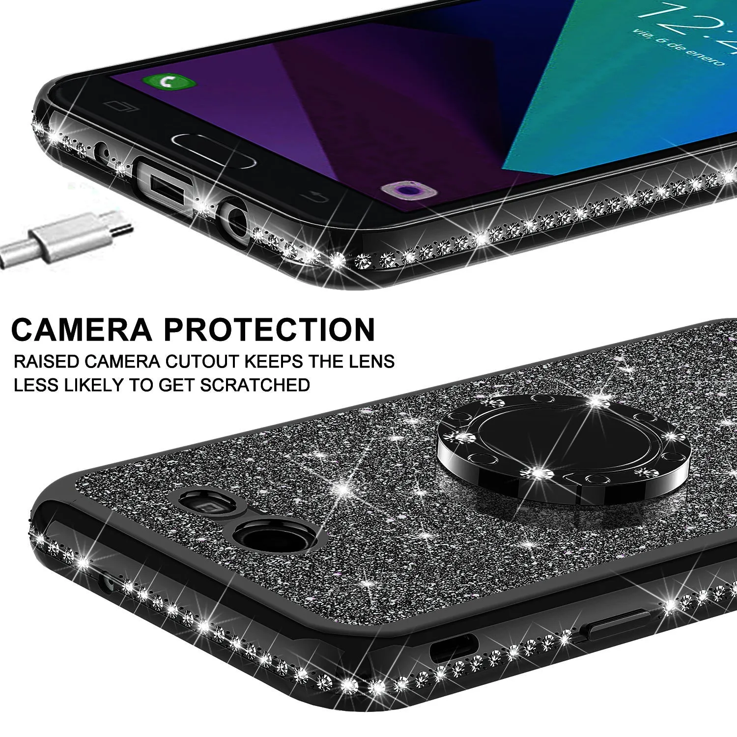 Samsung Galaxy J7 (2017) / J7 Sky Pro / J7 Perx / J7 V Case, Glitter Cute Phone Case Girls with Kickstand,Bling Diamond Rhinestone Bumper Ring Stand Sparkly Luxury Clear Thin Soft Protective Samsung Galaxy J7 (2017) Case for Girl Women - Black