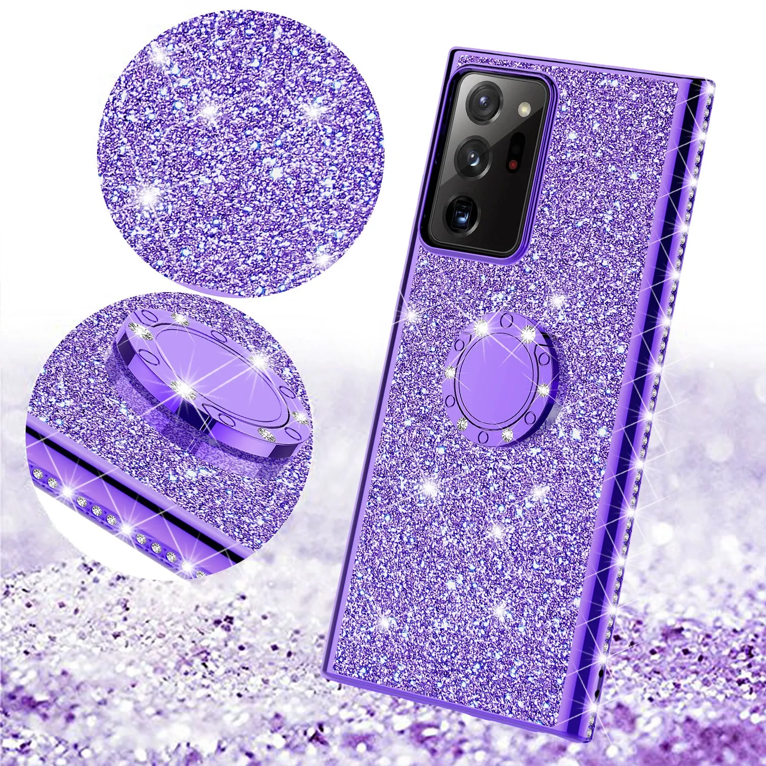 Samsung Galaxy Note 20 Ultra Case, Glitter Cute Phone Case Girls with Kickstand,Bling Diamond Rhinestone Bumper Ring Stand Sparkly Luxury Clear Thin Soft Protective Samsung Galaxy Note 20 Ultra Case for Girl Women - Purple