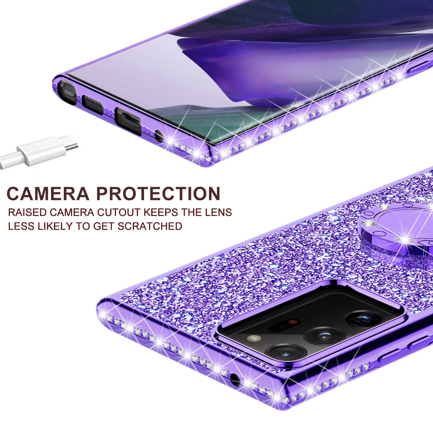 Samsung Galaxy Note 20 Ultra Case, Glitter Cute Phone Case Girls with Kickstand,Bling Diamond Rhinestone Bumper Ring Stand Sparkly Luxury Clear Thin Soft Protective Samsung Galaxy Note 20 Ultra Case for Girl Women - Purple