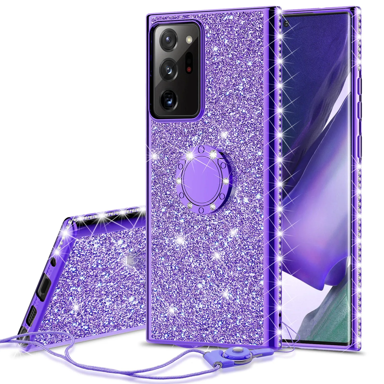 Samsung Galaxy Note 20 Ultra Case, Glitter Cute Phone Case Girls with Kickstand,Bling Diamond Rhinestone Bumper Ring Stand Sparkly Luxury Clear Thin Soft Protective Samsung Galaxy Note 20 Ultra Case for Girl Women - Purple