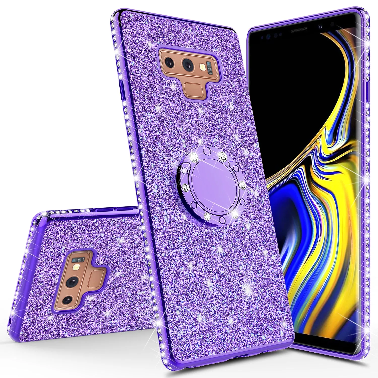 Samsung Galaxy Note 9 , SM-N960U Case, Glitter Cute Phone Case Girls with Kickstand,Bling Diamond Rhinestone Bumper Ring Stand Sparkly Luxury Clear Thin Soft Protective Samsung Galaxy Note 9 Case for Girl Women - Purple