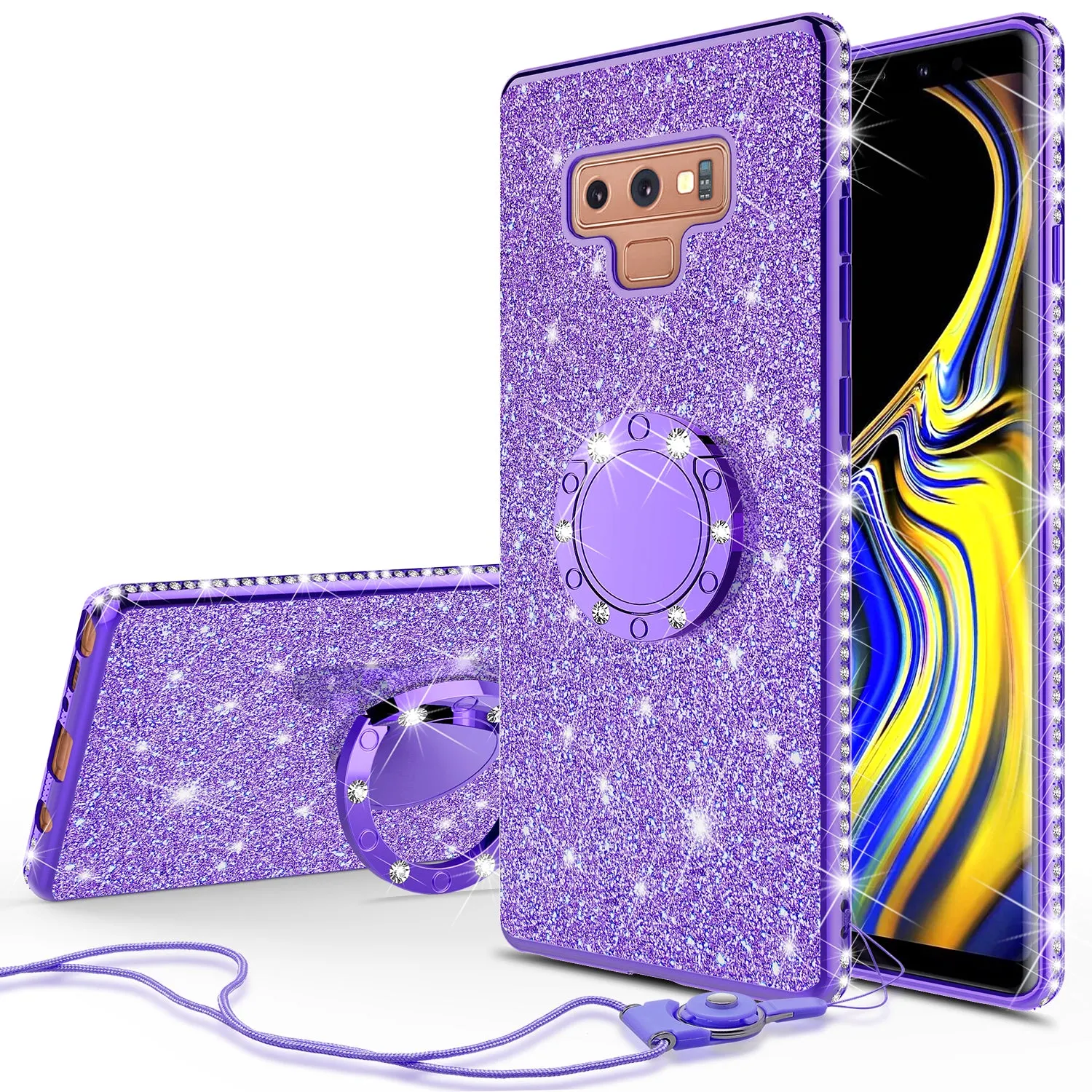 Samsung Galaxy Note 9 , SM-N960U Case, Glitter Cute Phone Case Girls with Kickstand,Bling Diamond Rhinestone Bumper Ring Stand Sparkly Luxury Clear Thin Soft Protective Samsung Galaxy Note 9 Case for Girl Women - Purple