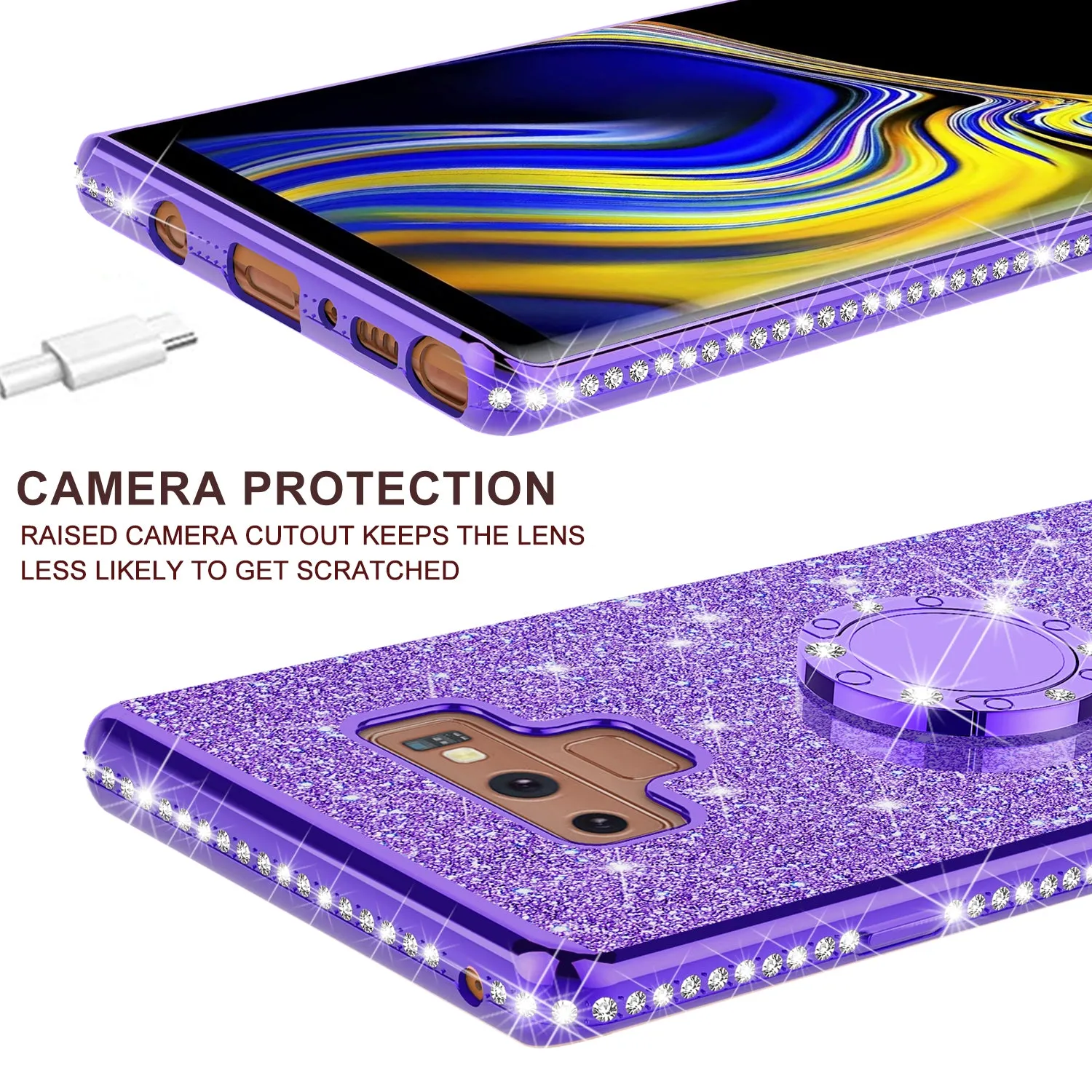 Samsung Galaxy Note 9 , SM-N960U Case, Glitter Cute Phone Case Girls with Kickstand,Bling Diamond Rhinestone Bumper Ring Stand Sparkly Luxury Clear Thin Soft Protective Samsung Galaxy Note 9 Case for Girl Women - Purple