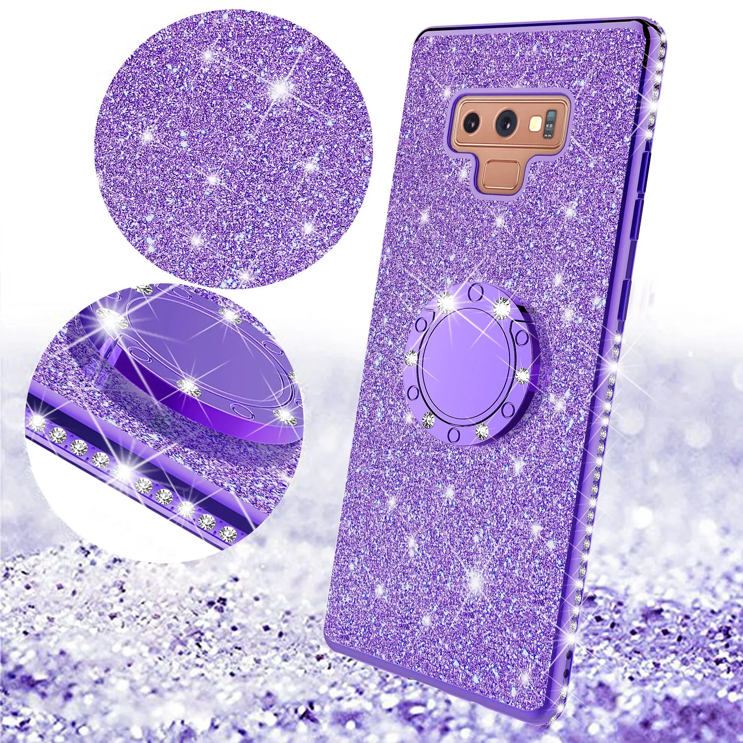 Samsung Galaxy Note 9 , SM-N960U Case, Glitter Cute Phone Case Girls with Kickstand,Bling Diamond Rhinestone Bumper Ring Stand Sparkly Luxury Clear Thin Soft Protective Samsung Galaxy Note 9 Case for Girl Women - Purple