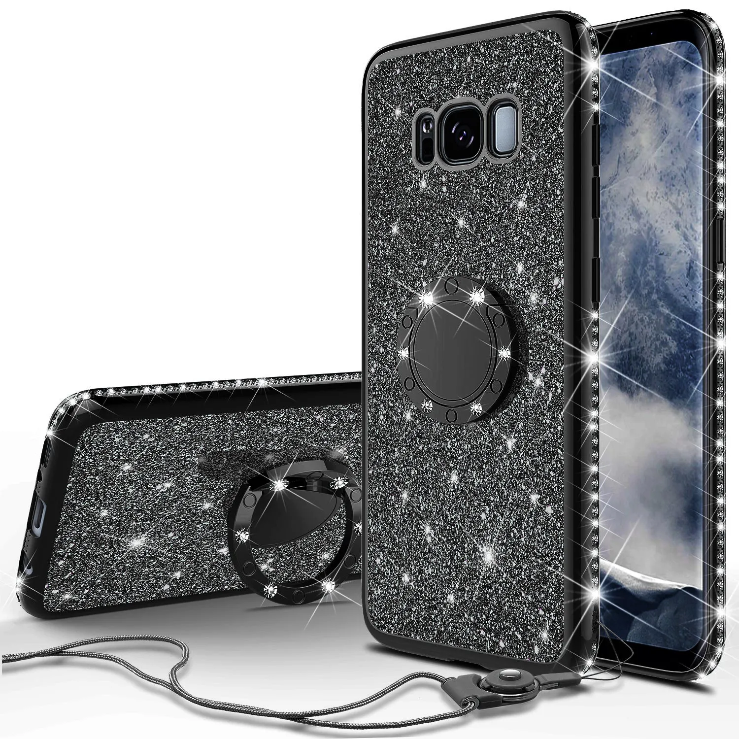 Samsung Galaxy S8 Case, SM-G950 Case, Glitter Cute Phone Case Girls with Kickstand,Bling Diamond Rhinestone Bumper Ring Stand Sparkly Luxury Clear Thin Soft Protective Samsung Galaxy S8 Case for Girl Women - Black