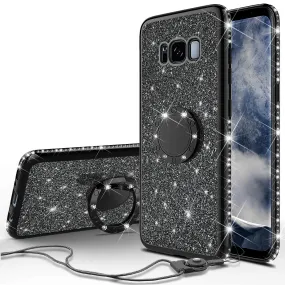 Samsung Galaxy S8 Case, SM-G950 Case, Glitter Cute Phone Case Girls with Kickstand,Bling Diamond Rhinestone Bumper Ring Stand Sparkly Luxury Clear Thin Soft Protective Samsung Galaxy S8 Case for Girl Women - Black