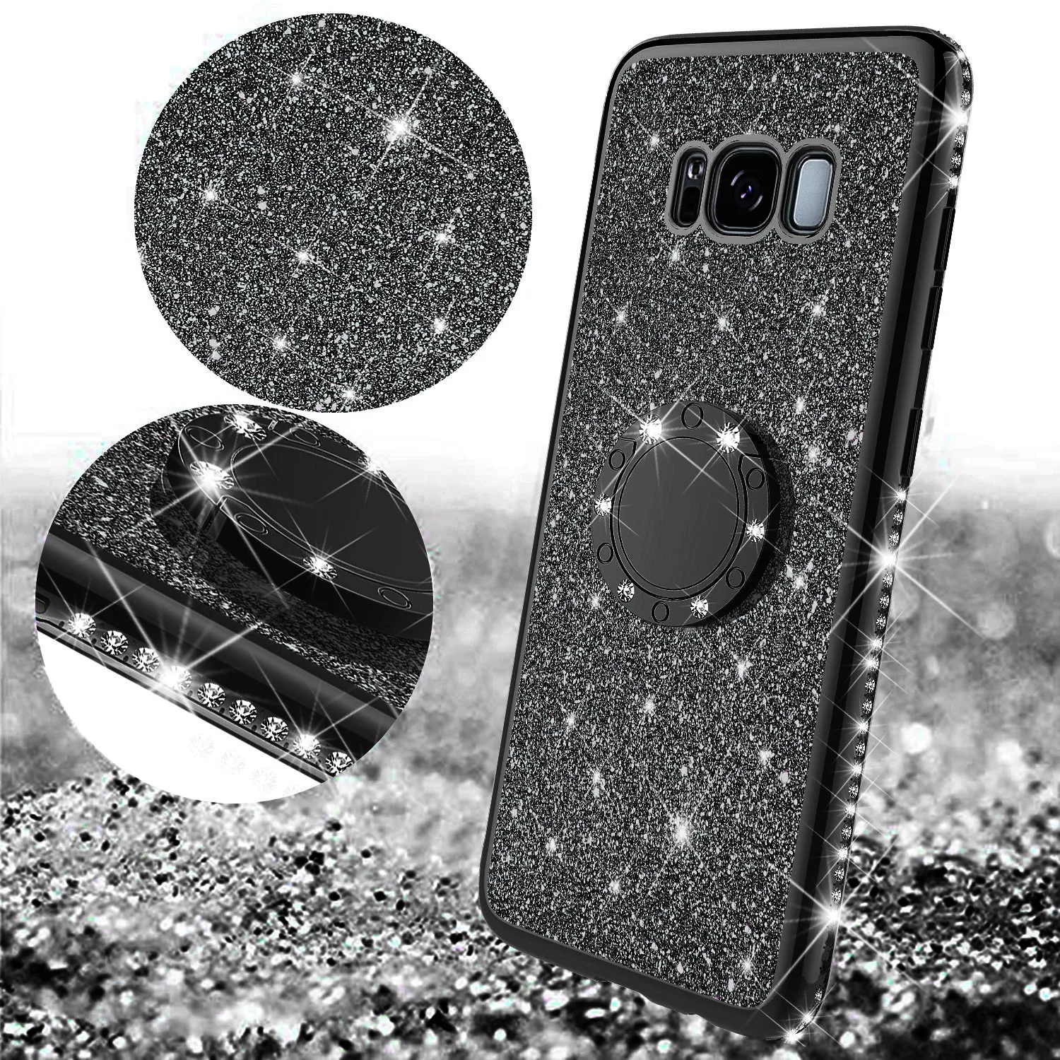 Samsung Galaxy S8 Case, SM-G950 Case, Glitter Cute Phone Case Girls with Kickstand,Bling Diamond Rhinestone Bumper Ring Stand Sparkly Luxury Clear Thin Soft Protective Samsung Galaxy S8 Case for Girl Women - Black