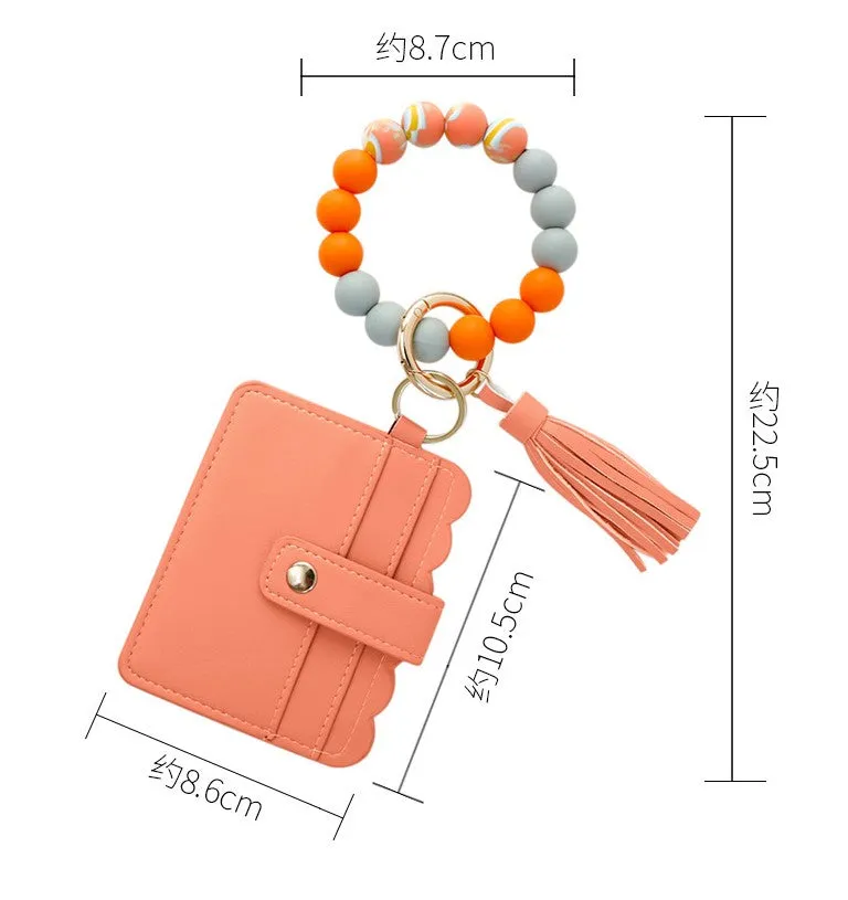 Silicone Tassel Beaded Bangle Wristlet Keychain Bracelet With Card Holder Wallet