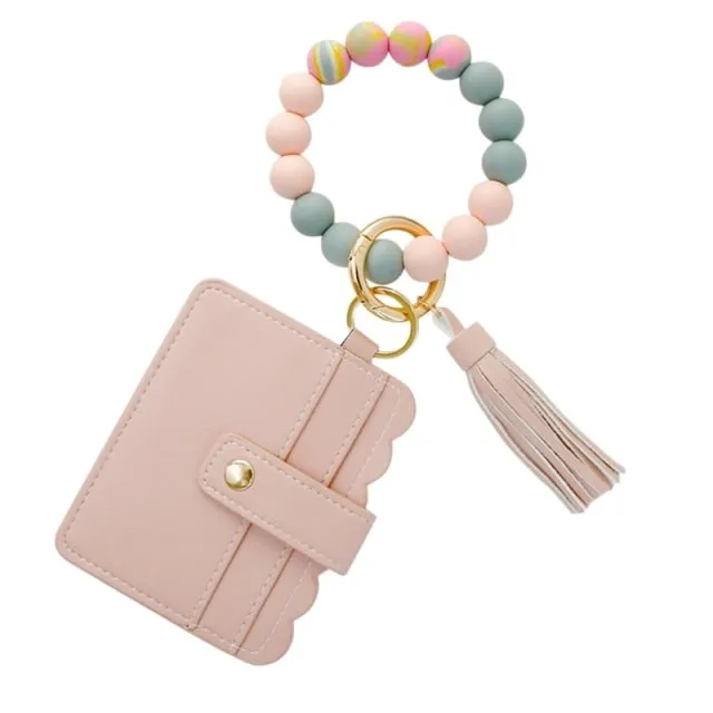 Silicone Tassel Beaded Bangle Wristlet Keychain Bracelet With Card Holder Wallet