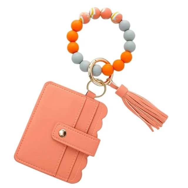 Silicone Tassel Beaded Bangle Wristlet Keychain Bracelet With Card Holder Wallet