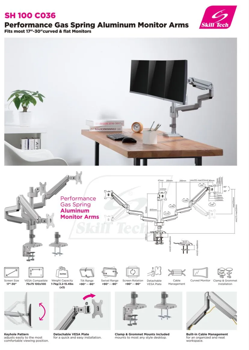 Triple Monitor Gas Spring Deskmount - SH 100 C036 (Fits Most 17" ~ 30")