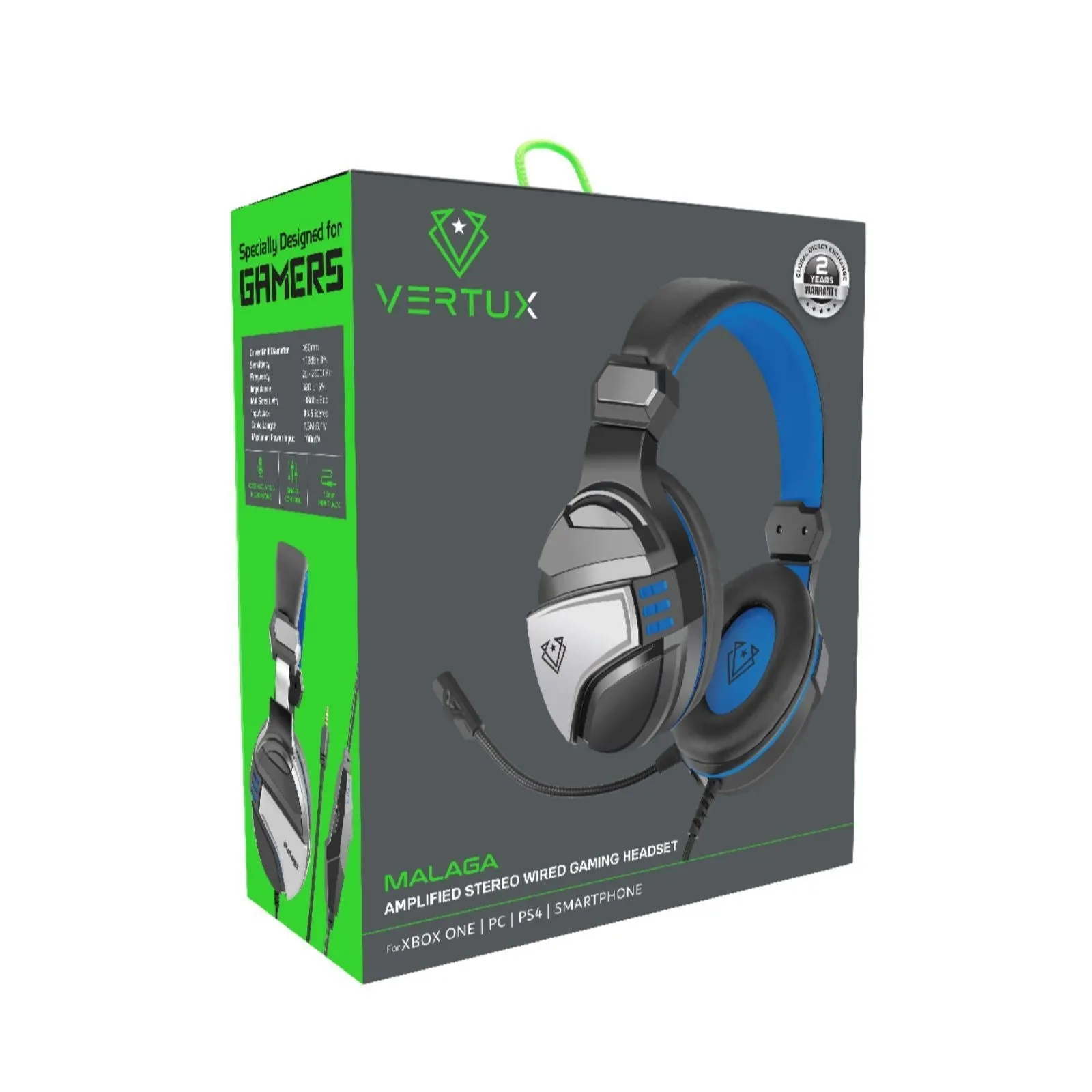 Vertux Gaming Amplified Stereo, Wired Over Ear Headset, Unidirectional Microphone & Inline Controller, Blue