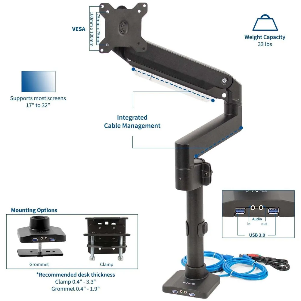 VIVO Pneumatic Arm Single Monitor Desk Mount with USB, STAND-V101GTU