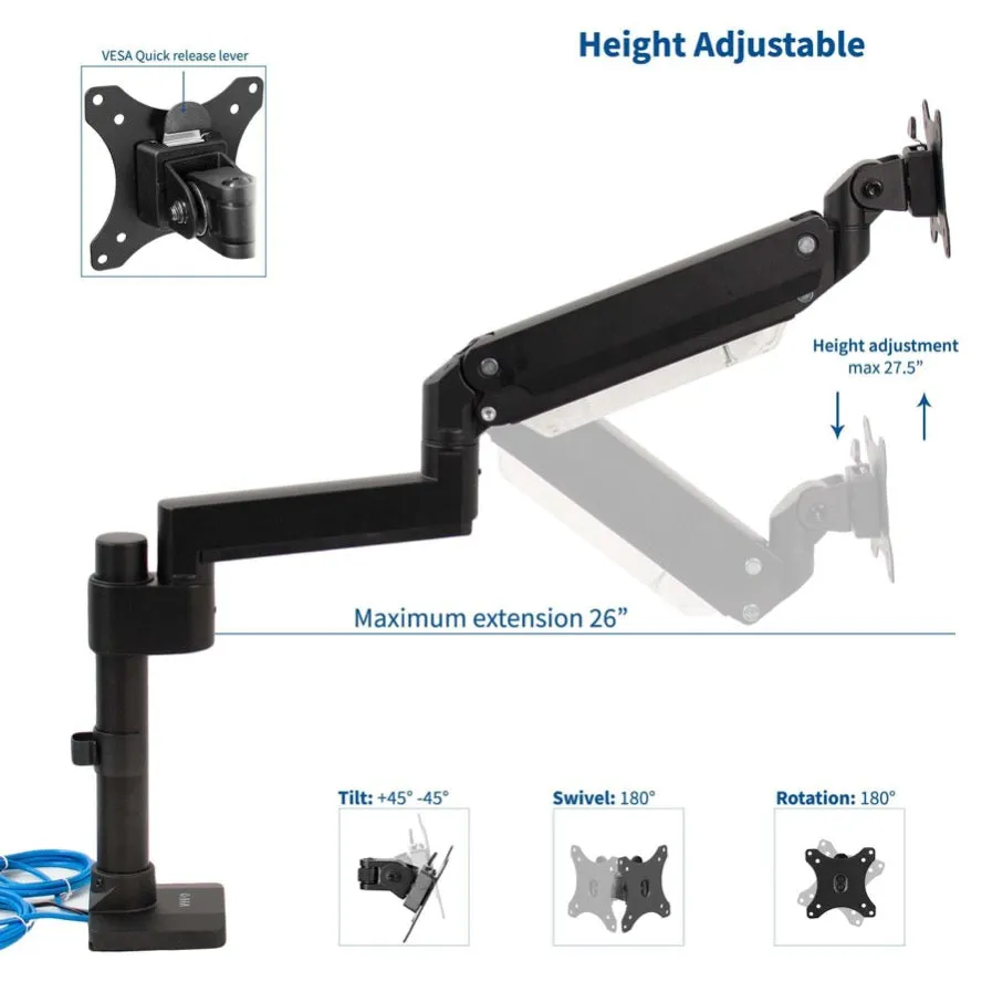 VIVO Pneumatic Arm Single Monitor Desk Mount with USB, STAND-V101GTU