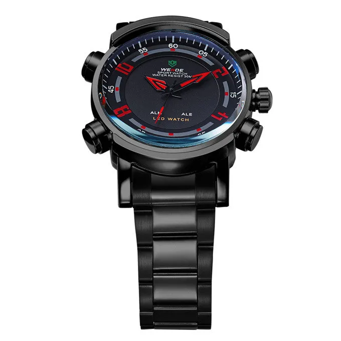 WEIDE Military Watch Multifunction Full Stainless Steel LED Digital Men Quartz Watches 30m Waterproof Sports Dress Wrist watch