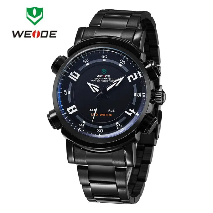 WEIDE Military Watch Multifunction Full Stainless Steel LED Digital Men Quartz Watches 30m Waterproof Sports Dress Wrist watch