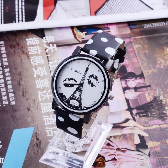 WoMaGe Eiffel Tower Watch Polka Dot Leather Ladies Watch Women Watches Clock Women's Watches saat relogio feminino reloj mujer