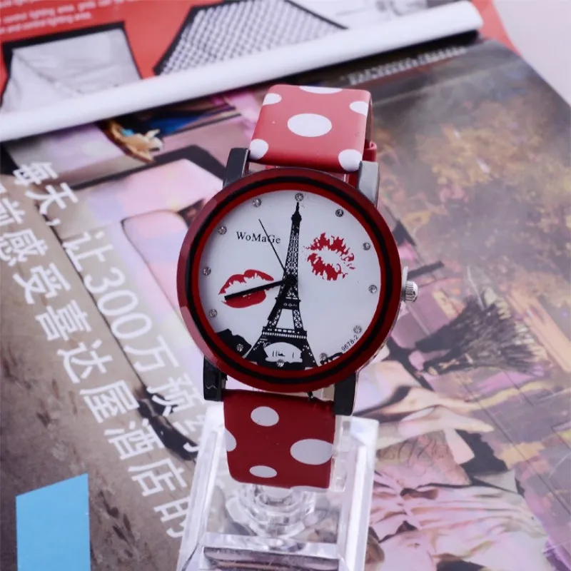 WoMaGe Eiffel Tower Watch Polka Dot Leather Ladies Watch Women Watches Clock Women's Watches saat relogio feminino reloj mujer