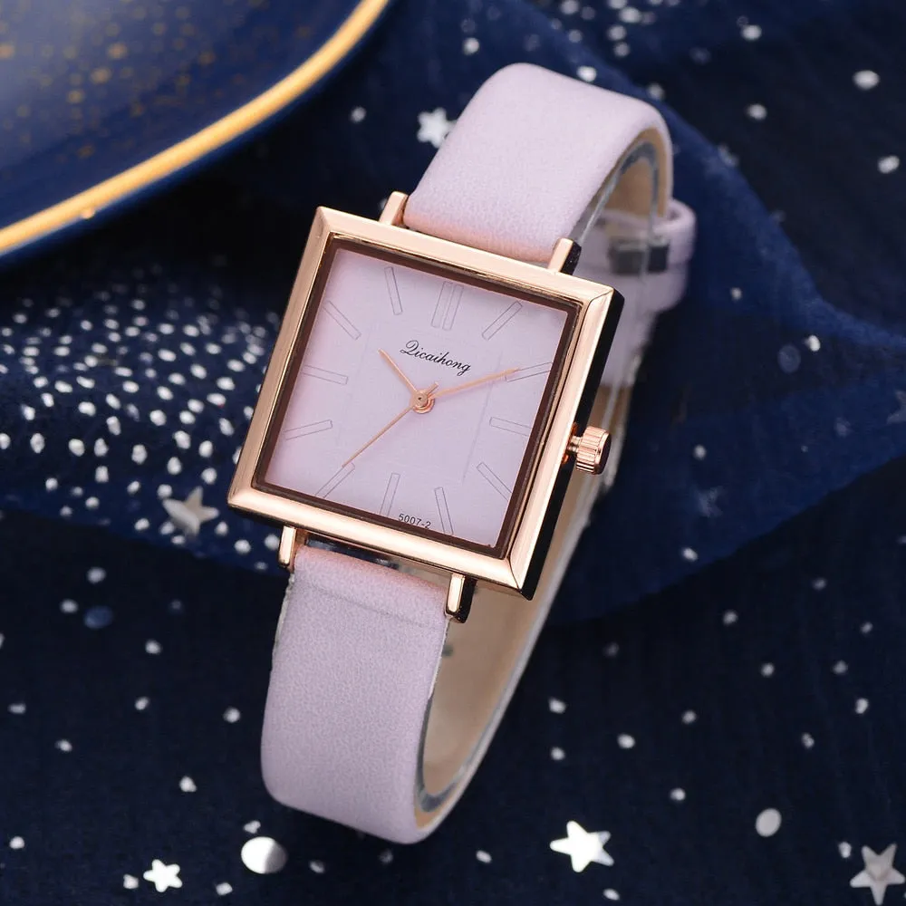 Women's Square Face Leather Band Crystal Face Watch