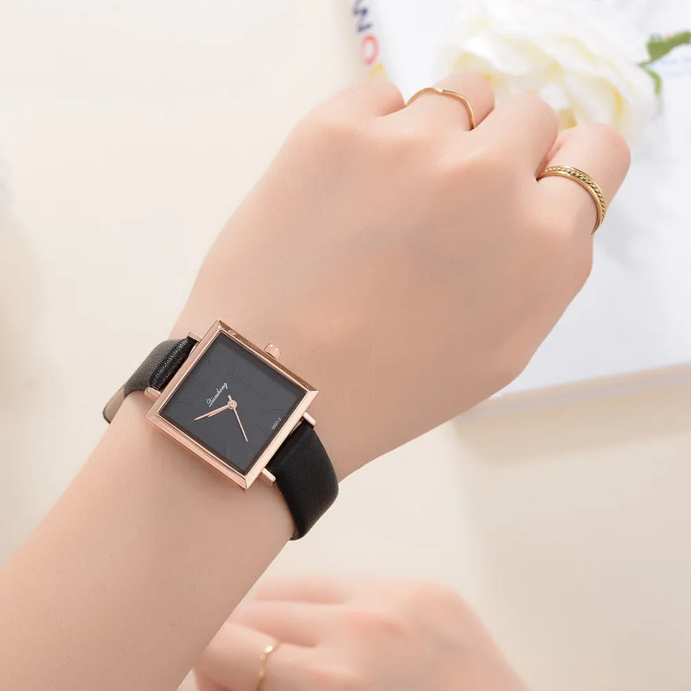 Women's Square Face Leather Band Crystal Face Watch