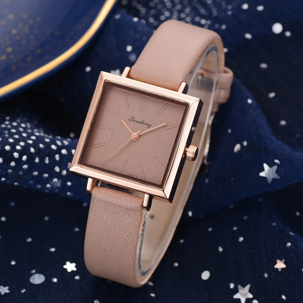 Women's Square Face Leather Band Crystal Face Watch