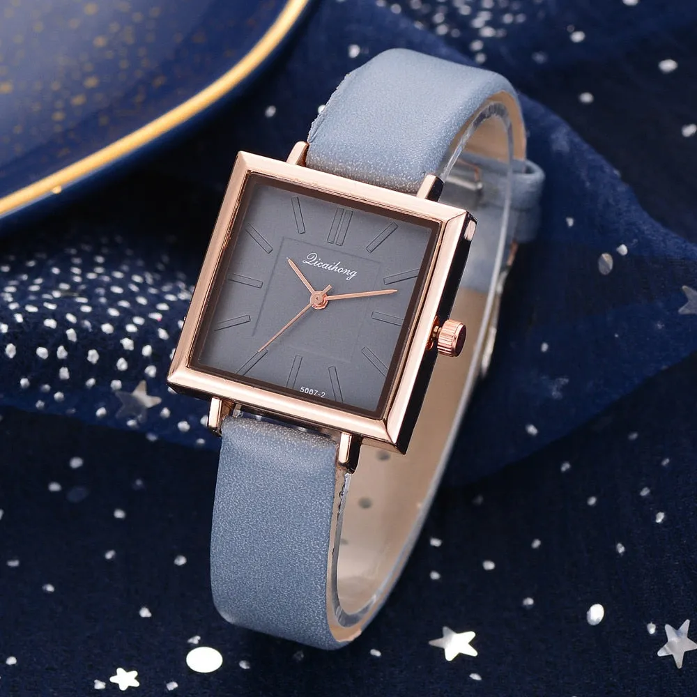 Women's Square Face Leather Band Crystal Face Watch