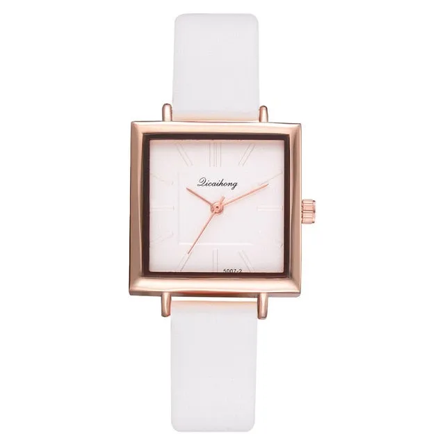 Women's Square Face Leather Band Crystal Face Watch