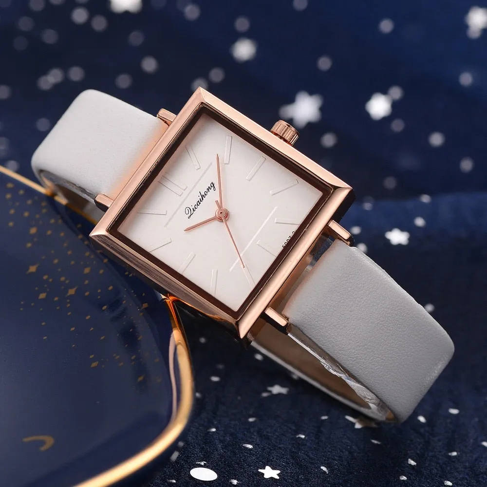 Women's Square Face Leather Band Crystal Face Watch