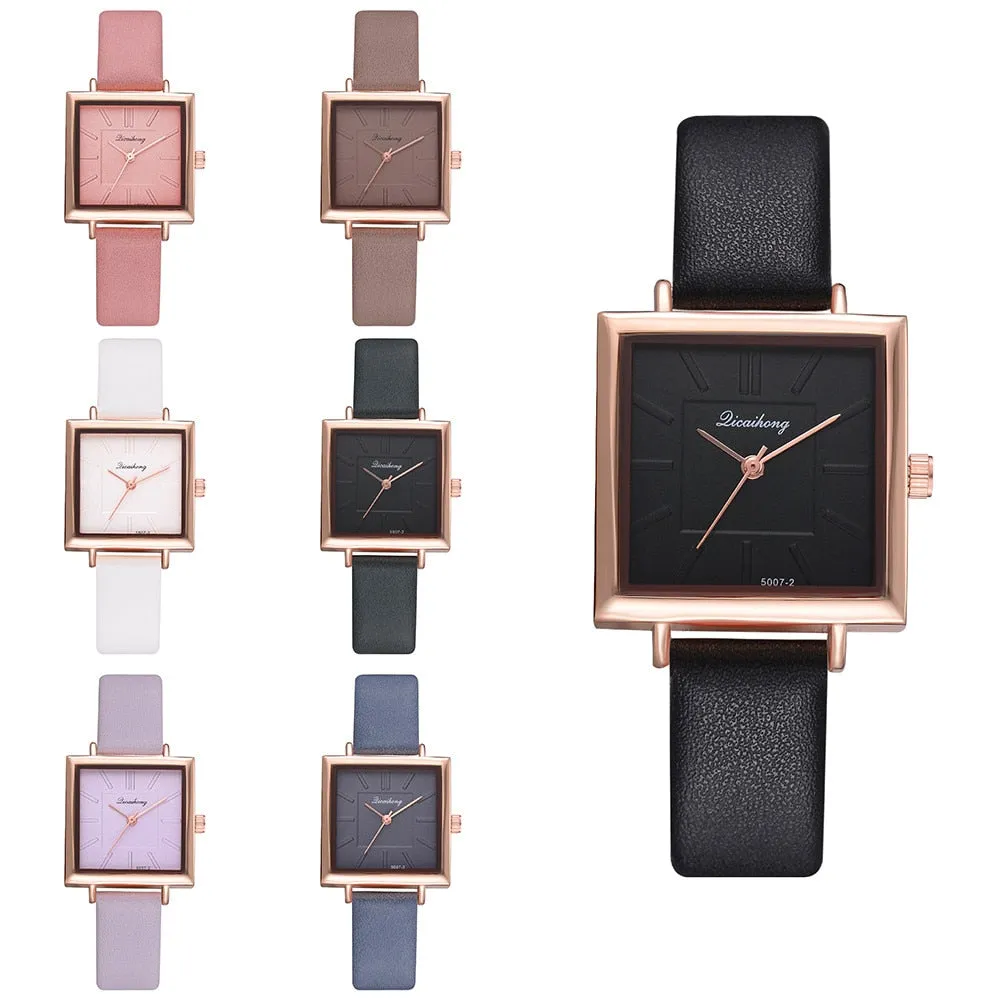 Women's Square Face Leather Band Crystal Face Watch