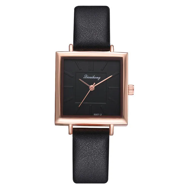 Women's Square Face Leather Band Crystal Face Watch