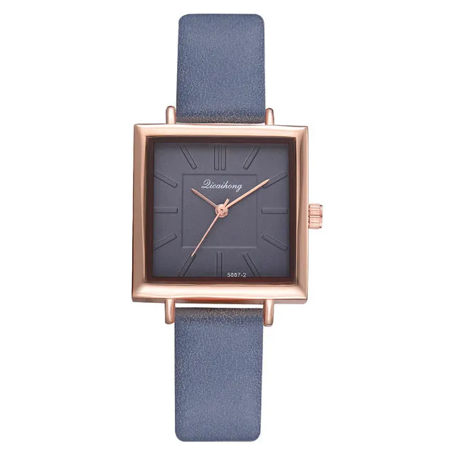 Women's Square Face Leather Band Crystal Face Watch